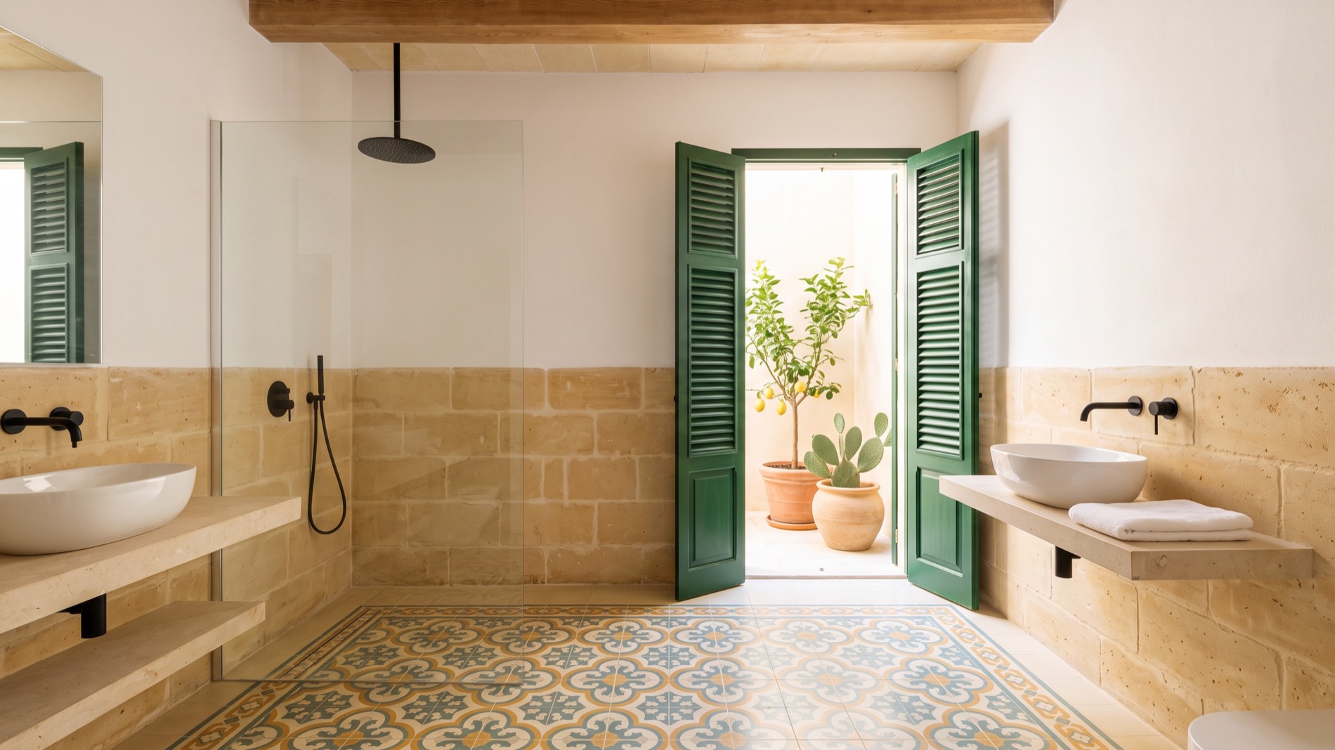 A Maltese townhouse bathroom, patterned encaustic tiles and bare limestone, green shutters open to a courtyard
