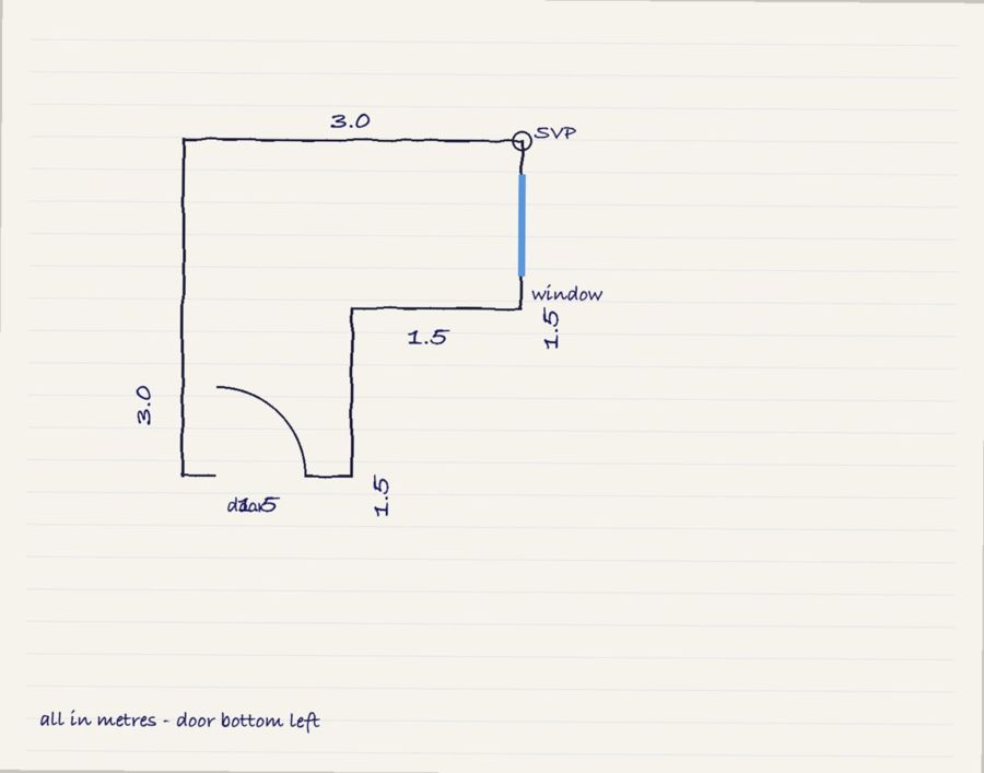 Example paper sketch: an L-shaped room outline with each wall length written beside it in metres, a gap and quarter-circle for the door, a thick line for the window, and a circle marked SVP at one corner